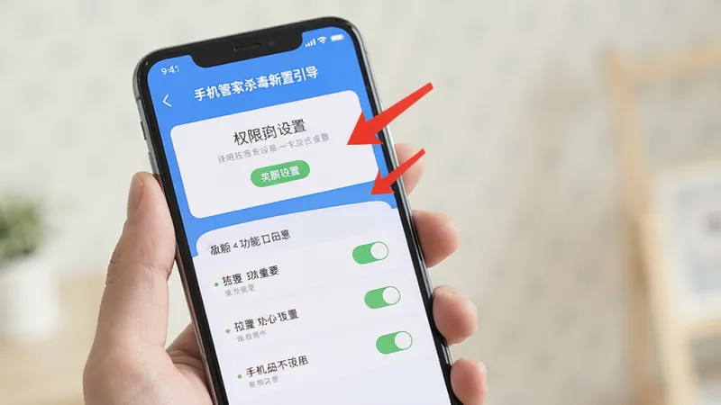 手机管家杀毒新手设置引导界面,画面中有一只手拿着手机,屏幕上显示权限设置和功能开关列表,重要选项旁边有红色箭头标注,界面清晰明了,风格友好亲和,画质干净,无多余元素