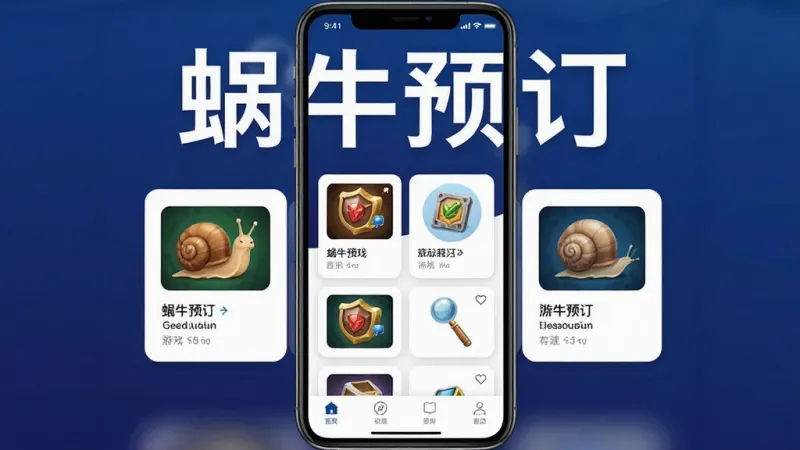 一张手机应用界面展示图,画面中央是蜗牛预订APP的主界面,顶部显示蜗牛预订四个大字,背景为深蓝色渐变,中间排列着游戏道具预订选项卡片,底部有导航栏,整体风格简洁现代,画质清晰干净无多余元素