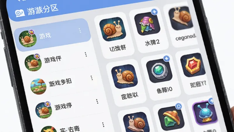 一张手机屏幕特写图,画面中蜗牛预订APP的多游戏分区管理界面,左侧是游戏列表,右侧是道具卡片网格,每个卡片上有游戏图标和道具名称,背景为浅灰色,风格扁平化,细节圆润,画质干净