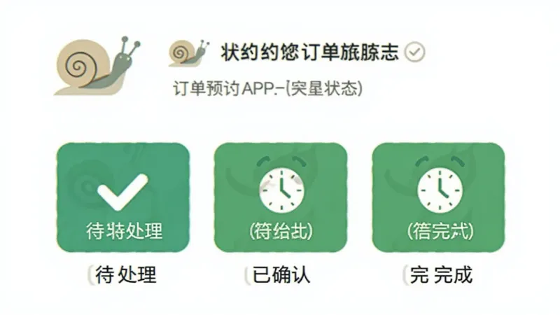 一张信息图风格的插图,画面中蜗牛预订APP的订单状态追踪界面,显示待处理、已确认、已完成等状态标签,配有对勾和时钟图标,背景为白色,排版整齐,风格简洁,画质干净无多余元素