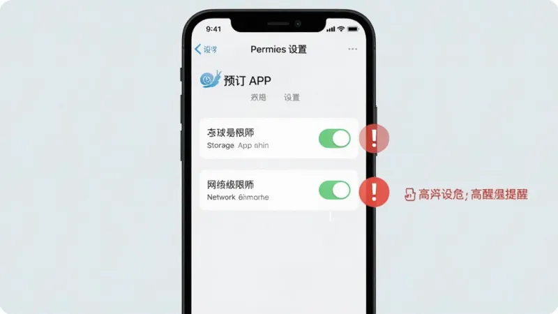 一张手机操作示意图,画面中蜗牛预订APP的权限设置界面,显示存储权限和网络权限开关,旁边有红色感叹号标注高危提醒,背景为浅色,风格清晰直观,画质干净