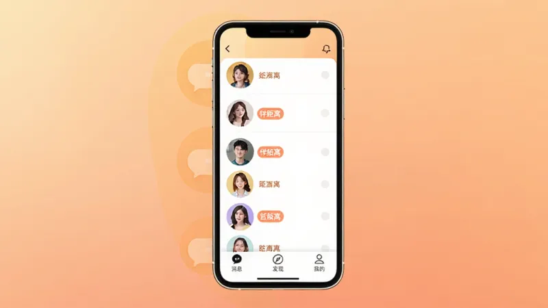 附近伴聊社交软件主界面展示,手机屏幕中央显示附近用户头像列表和距离标签,底部有消息、发现、我的三个导航按钮,背景是柔和的暖色调渐变,风格现代简洁,画质干净清晰,无多余元素