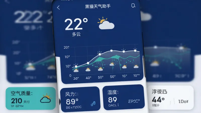 一张手机屏幕截图,展示“黑猫天气助手”的首页界面,主色调为深蓝色和白色,顶部显示当前温度“22°”和天气图标“多云”,中间是未来几小时的分钟级降水曲线图,底部是空气质量、风力、湿度等卡片式布局,界面干净无广告,整体风格现代简约,画质清晰,无多余元素