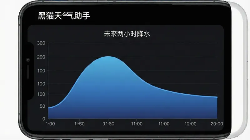 一张手机界面截图,展示“黑猫天气助手”的分钟级降水预报功能,屏幕中央是一条清晰的降水曲线图,横轴为时间,纵轴为降水强度,曲线下方有蓝色渐变填充,顶部有“未来两小时降水”的标题,背景为深色模式,界面简洁专业,画质清晰,无多余元素