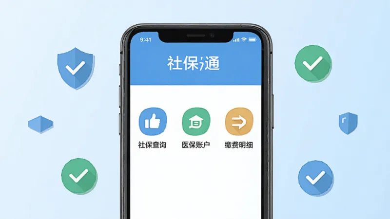 社保通应用主界面展示，画面中央是一部智能手机，屏幕显示社保通APP的首页，包含社保查询、医保账户、缴费明细三个主要功能入口图标，背景是干净的浅蓝色渐变，周围环绕着盾牌、对勾等象征安全和便捷的小图标，整体风格清新现代，扁平化设计，画质干净清晰无多余元素
