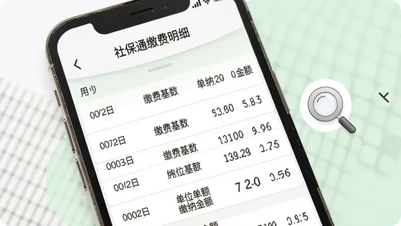 社保通缴费明细页面截图风格展示，画面中手机屏幕显示按月份排列的社保缴费列表，每一条记录包含月份、缴费基数、单位缴纳金额和个人缴纳金额，数据清晰整齐，旁边有一个放大镜图标代表查询便捷，背景为柔和的白色和淡绿色，风格简洁商务，画质干净无杂乱元素