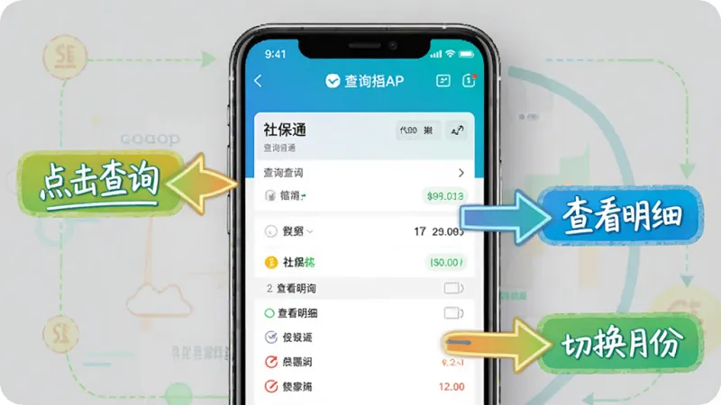 社保通新手操作指引示意图，画面中手机屏幕显示社保通APP的查询结果页面，旁边有箭头和文字标注提示「点击查询」「查看明细」「切换月份」，整体以信息图表风格呈现，颜色鲜明但不过于花哨，背景干净，画质清晰无杂乱元素