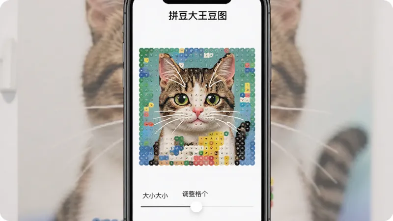 一张展示拼豆大王豆图照片转图纸功能的界面截图,手机屏幕显示一张可爱猫咪照片正在被转换成由彩色方块组成的拼豆图纸,界面底部有调整格子大小的滑动条,屏幕上方有“拼豆大王豆图”文字标识,整体风格简洁现代,画质清晰,无多余元素