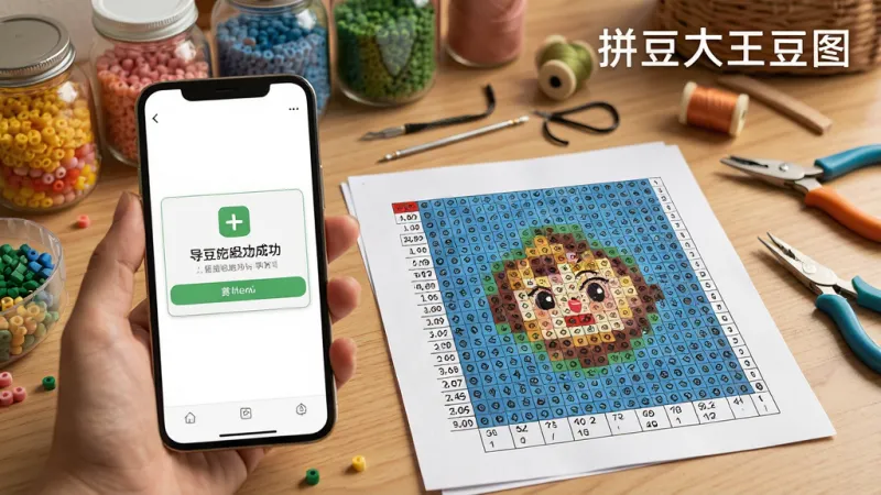 一张展示拼豆大王豆图图纸导出功能的场景图,手机屏幕显示图纸导出成功的提示,旁边有一张打印出来的拼豆图纸放在桌面上,图纸上格子清晰,色号标注明确,背景是手工爱好者的工作台,有彩色拼豆罐和工具,风格写实温馨,画质干净,图片中有“拼豆大王豆图”文字