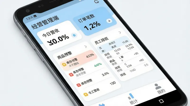 经营管理端手机应用主界面展示,主体为一部安卓手机,屏幕上显示经营管理端的仪表盘页面,布局包含顶部今日营收总额与订单笔数卡片,中部为商品库存预警列表和员工排班简表,底部为账单、统计、我的三个选项卡,排版清晰整齐,风格现代扁平化,细节圆润,画质干净,无多余元素,白色和浅蓝色为主色调,文字使用中文标注“经营管理端”“今日营收”“库存预警”“排班”