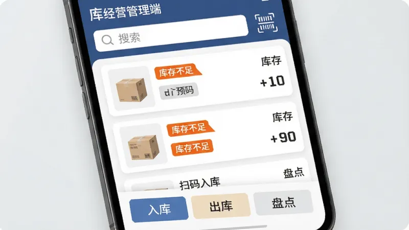 经营管理端库存管理功能界面展示,主体为手机屏幕特写,屏幕中显示商品列表,每个商品旁边有库存数量标签,其中几个商品标有橙色“库存不足”提示,顶部有搜索框和扫码图标,底部有“入库”“出库”“盘点”三个按钮,排版采用卡片式设计,风格简洁商务,细节清晰,画质干净,无多余元素,背景为浅灰色,文字使用中文标注“经营管理端”“库存预警”“扫码入库”