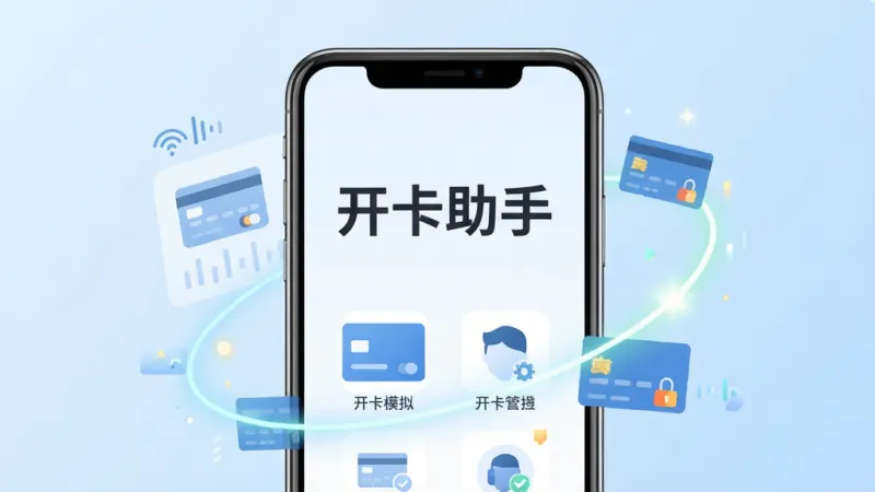 一张展示“开卡助手”软件主界面的手机应用截图风格图片,画面中央是一部现代智能手机,屏幕内显示“开卡助手”四个大字和简洁的卡片管理图标,周围环绕着代表数据模拟和卡片生成的动态光效,背景是干净的浅蓝色渐变,整体风格现代扁平,画质清晰干净,无多余元素