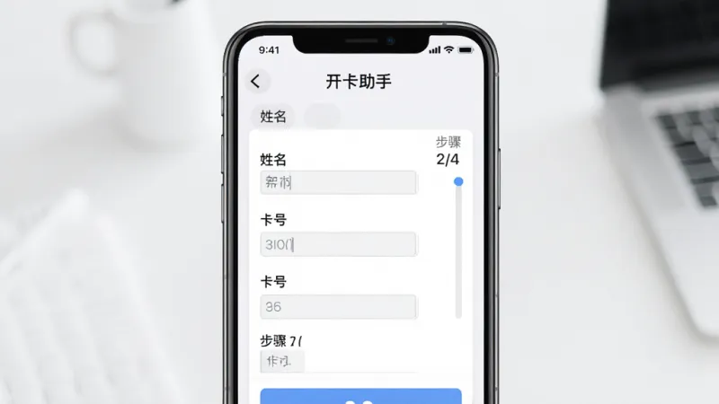 一张展示“开卡助手”功能界面的手机截图风格图片,画面中手机屏幕显示分步骤的卡片信息填写界面,有姓名、卡号等模拟输入框,旁边有进度条显示“步骤 2/4”,背景是柔和的白色和浅灰色,风格简洁商务,画质清晰,无多余元素