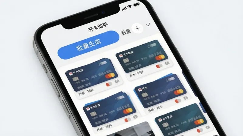 一张展示“开卡助手”批量操作功能的手机截图风格图片,画面中手机屏幕显示多个卡片缩略图排列成网格状,顶部有“批量生成”按钮和数量选择器,背景是浅色系,风格高效整洁,画质清晰,无多余元素