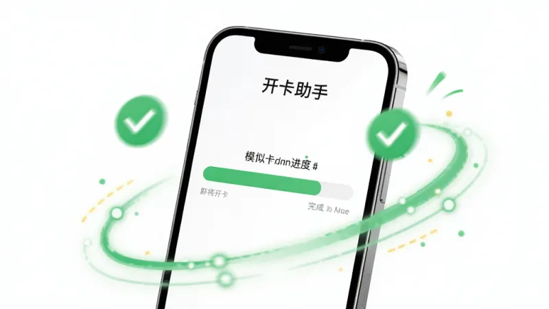一张展示“开卡助手”在手机上流畅运行的示意图,画面中手机屏幕显示模拟开卡进度条即将完成,周围有绿色的对勾和流畅的线条动画,背景是干净的白色,风格轻快,画质清晰,无多余元素