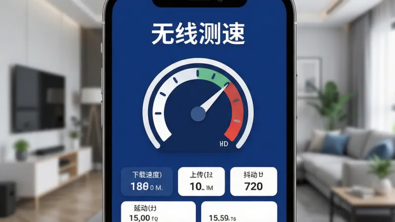一张手机屏幕特写,画面中央显示“无线测速”应用的主界面,界面设计简洁,以深蓝色和白色为主色调,顶部醒目标题“无线测速”,中间是一个大大的圆形测速仪表盘,指针指向高速区域,下方显示下载速度、上传速度、延迟、抖动等数据卡片,背景是模糊的现代家居环境,风格现代扁平,细节圆润,画质干净,无多余元素