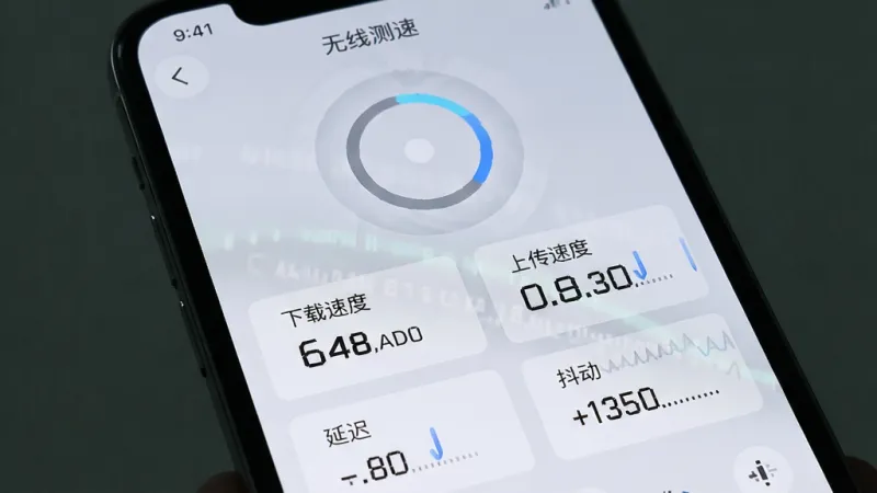 一个手机屏幕截图,显示“无线测速”应用正在测速的界面,画面中有旋转的加载动画,下方依次显示“下载速度”、“上传速度”、“延迟”、“抖动”四个数据卡片,数据正在跳动,界面背景为浅灰色,风格科技感十足,画质清晰,无多余元素