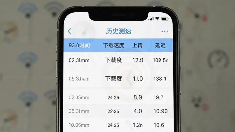 一个手机屏幕截图,显示“无线测速”应用的历史记录页面,画面中是一个列表,每一行显示测速时间、下载速度、上传速度和延迟,顶部有“历史记录”标题,界面以白色和蓝色为主,风格简洁明了,画质干净,无多余元素