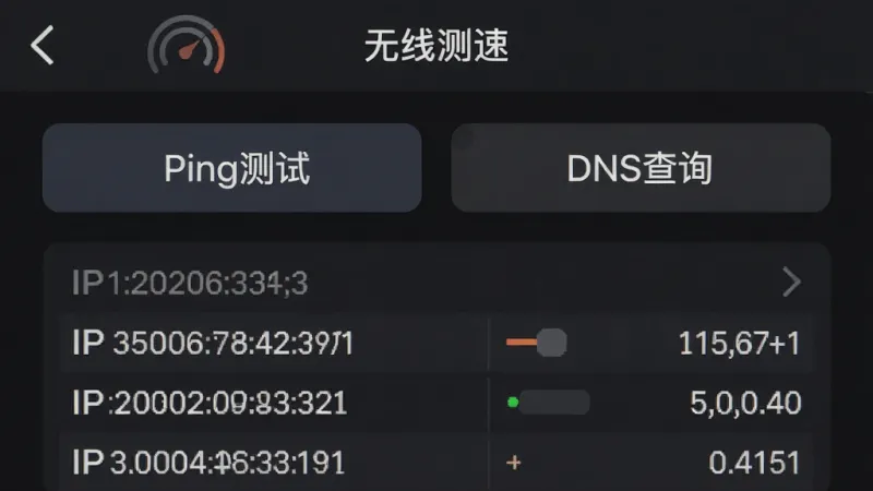 一个手机屏幕截图,显示“无线测速”应用的网络诊断工具页面,画面中有“Ping测试”和“DNS查询”两个功能按钮,下方是正在运行的Ping测试结果,显示IP地址和延迟数据,界面风格简洁,以深色背景为主,文字清晰,画质干净,无多余元素