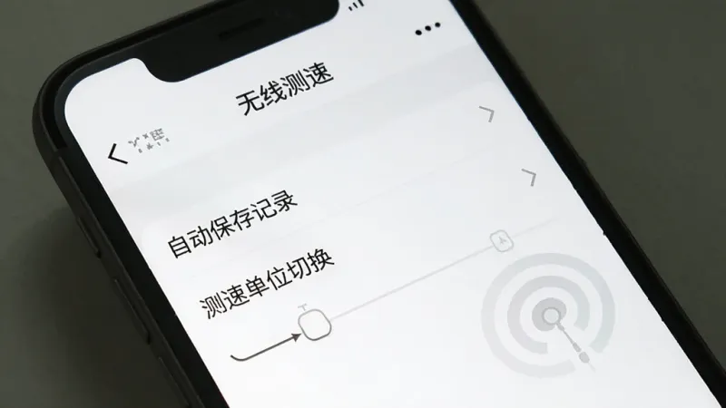 一个手机屏幕截图,显示“无线测速”应用的设置页面,画面中只有几个简单的选项,如“自动保存记录”、“测速单位切换”等,没有广告横幅,界面以白色为主,风格极简,画质干净,无多余元素