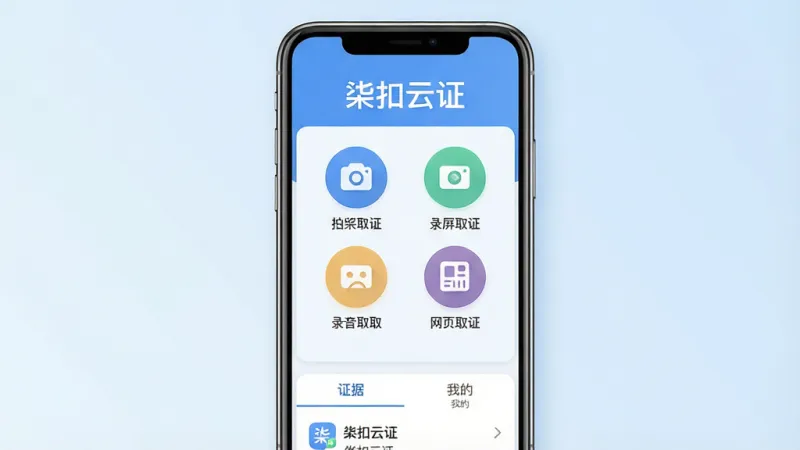 一张展示柒扣云证App核心界面的手机样机图,画面中央是手机屏幕,屏幕内显示柒扣云证的主页,顶部有“柒扣云证”四个字,中间是拍照取证、录屏取证、录音取证、网页取证四个圆形功能图标,底部是证据列表和我的两个选项卡,背景为干净的浅蓝色渐变,风格现代扁平,图标圆润,画质清晰,无多余元素
