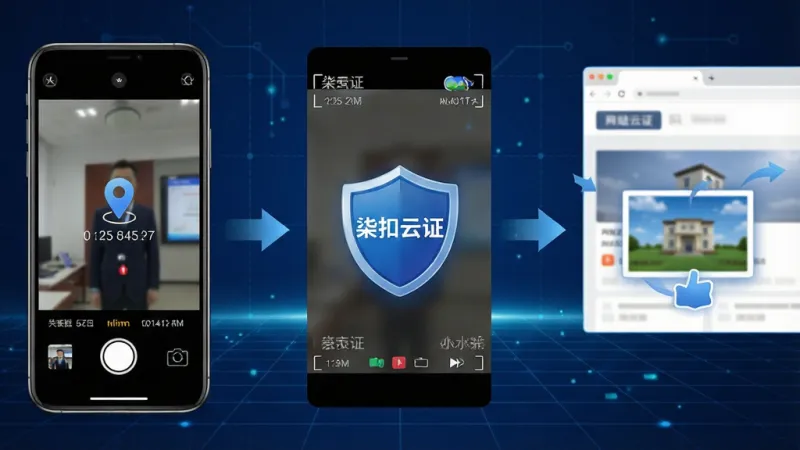 一张展示柒扣云证多维度取证功能的示意图,画面左侧是手机拍照界面带定位图标和时间戳,中间是录屏界面带水印标记,右侧是网页抓取界面带快照生成动画,三个场景用箭头连接指向中央的“柒扣云证”盾牌图标,背景为深蓝色科技感网格,风格简洁商务,画质干净,无多余元素