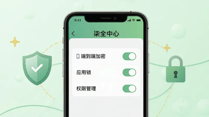 一张展示柒扣云证隐私安全设置的界面图,画面中央是手机屏幕显示安全中心页面,有“端到端加密”“应用锁”“权限管理”三个开关选项,旁边配有一个盾牌和锁的图标,背景为浅绿色安全色调,风格简约可信,画质清晰,无多余元素