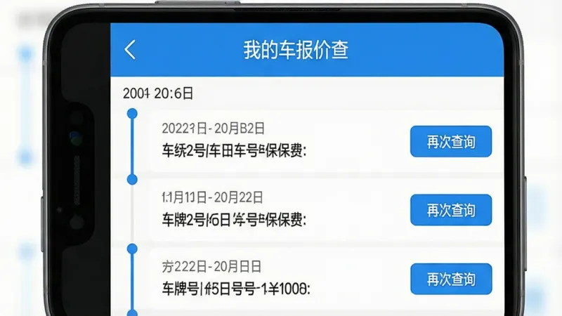 一张手机应用界面截图,画面中显示“车主车险报价查”的报价记录页面,顶部有“我的报价”标题,下方按时间顺序排列着几条历史报价记录,每条记录显示查询日期、车牌号和保费金额,右侧有“再次查询”按钮,界面风格简洁,蓝白配色,布局清晰,画质干净无多余元素