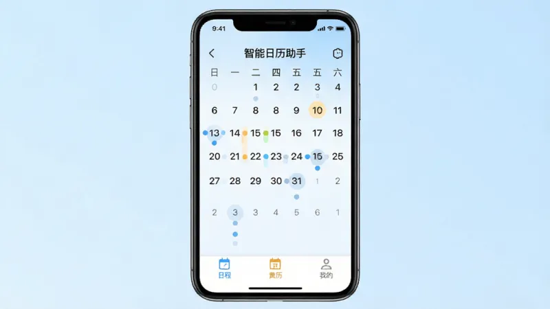 智能日历助手App主界面展示,手机屏幕中央显示清晰的月历视图,日期下方有小圆点标记日程事件,底部有“日程”“黄历”“我的”三个标签栏,背景为淡蓝色渐变,整体风格简洁现代,画质干净,无多余元素