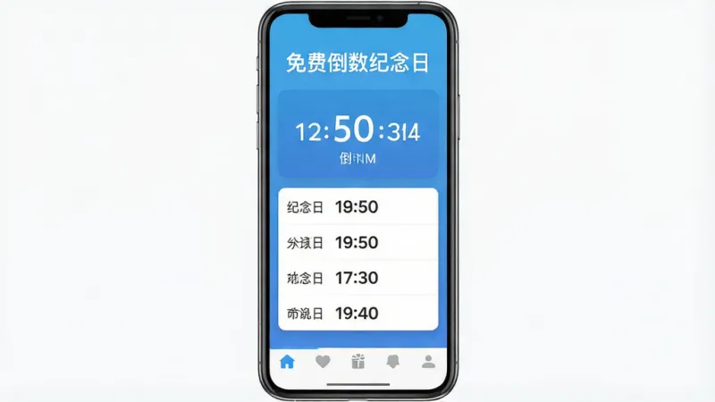 免费倒数纪念日 手机App主界面 倒计时卡片 干净简洁 蓝色渐变背景 顶部显示“免费倒数纪念日” 中间是纪念日倒计时列表 底部导航栏 扁平化设计 高清画质 无多余元素