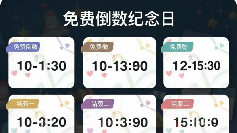 免费倒数纪念日 App界面 展示多个倒计时卡片 每个卡片有不同颜色标签 顶部有“免费倒数纪念日”文字 布局整齐 风格清新 画质干净