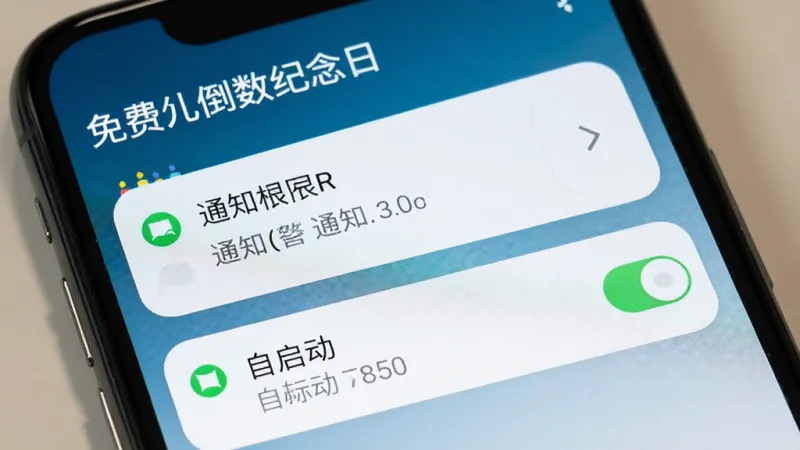免费倒数纪念日 手机设置界面 展示通知权限和自启动开关 界面有“免费倒数纪念日”标题 布局清晰 风格简约 画质干净