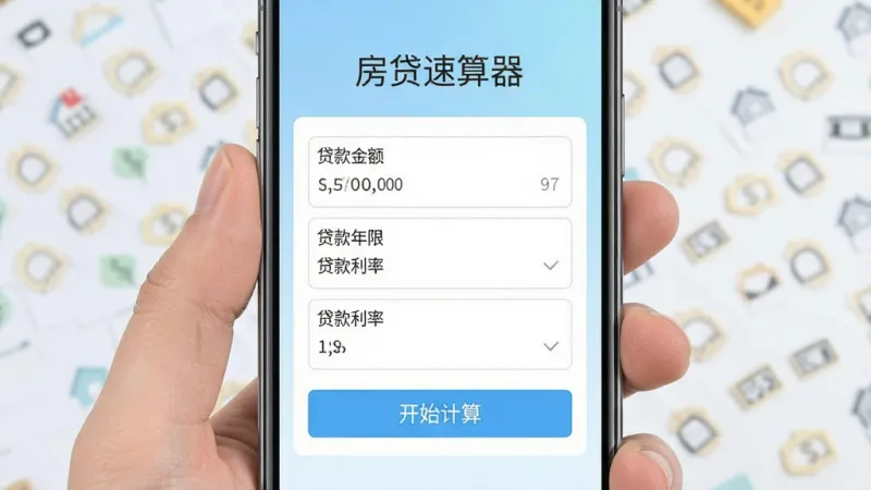 一张手机屏幕展示房贷速算器主界面的图片，画面中央是简洁的房贷速算器App界面，标题写着“房贷速算器”，下方有贷款金额、贷款年限、贷款利率三个输入框，底部是“开始计算”按钮，背景为浅蓝色渐变，风格扁平清爽，画质干净无多余元素