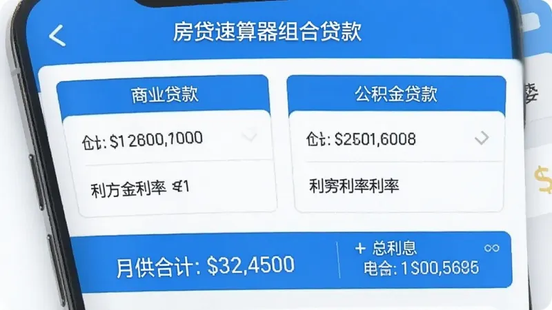一张展示房贷速算器组合贷款计算界面的图片，画面中手机屏幕显示“商业贷款”和“公积金贷款”两个板块，分别填入了金额和利率，底部汇总显示“月供合计”和“总利息”，界面以蓝色和白色为主，数据清晰，风格现代简洁，画质干净