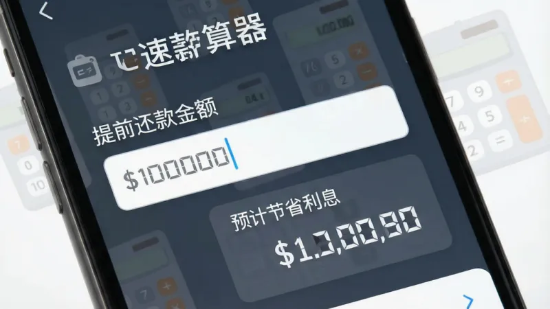 一张展示房贷速算器提前还款模拟界面的图片，画面中手机屏幕显示“提前还款金额”输入框和“预计节省利息”结果展示，背景有淡淡的计算器图标水印，界面布局清晰，文字标签明确，风格简洁现代，画质干净无多余元素