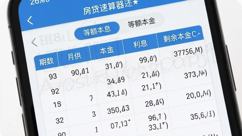 一张展示房贷速算器还款计划表界面的图片，画面中手机屏幕显示详细的每月还款明细表格，包含期数、月供、本金、利息、剩余本金等列，表格清晰易读，顶部有“等额本息”和“等额本金”切换标签，界面风格简洁专业，画质干净