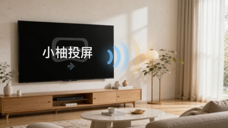 手机屏幕画面正无线投屏到客厅大电视上,电视显示“小柚投屏”四个字,画面清晰明亮,手机和电视之间有淡淡的无线信号波纹连接,客厅环境温馨,风格简约现代,细节干净,画质高清无多余元素
