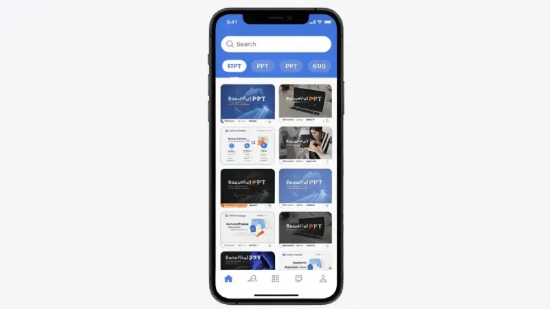 BeautifulPPT 手机应用主界面展示，画面中央是一部智能手机，屏幕上显示 BeautifulPPT 的模板选择页面，布局为顶部搜索栏和分类标签，中间是两列模板缩略图网格，底部是导航栏，风格现代扁平，蓝白配色为主，细节圆润，画质干净清晰，无多余元素