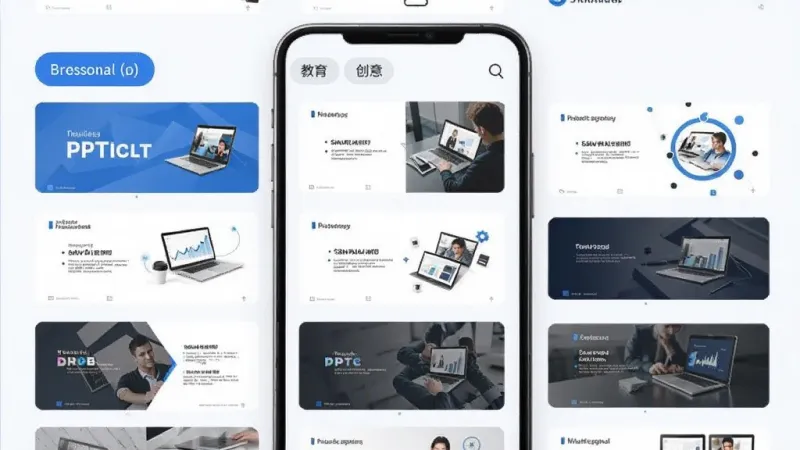 BeautifulPPT 模板库界面，手机屏幕显示多个PPT模板缩略图，按商务、教育、创意等标签分类排列，布局整齐，风格简洁明快，蓝白主色调，细节清晰，画面干净无杂乱元素