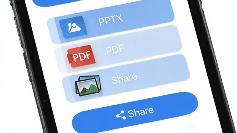 BeautifulPPT 导出分享界面，手机屏幕显示导出格式选项，包括PPTX、PDF和图片，下方有分享按钮，布局简洁，风格扁平化，蓝白配色，细节圆润，画质清晰干净