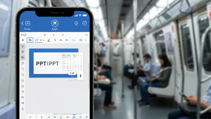 BeautifulPPT 离线使用场景，手机屏幕显示PPT编辑界面，状态栏显示飞行模式图标，画面中有地铁车厢背景虚化，布局清晰，风格写实，蓝白主色调，细节干净无多余元素