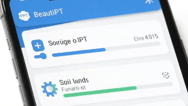 BeautifulPPT 应用信息界面，手机屏幕显示存储占用和运行状态，布局简洁，风格扁平，蓝白配色，细节清晰，画质干净无多余元素