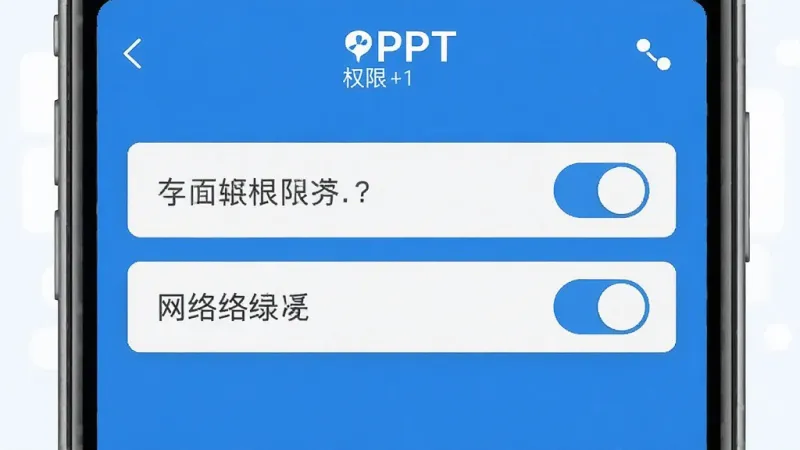 BeautifulPPT 权限设置界面，手机屏幕显示存储权限和网络权限开关，布局清晰，风格扁平，蓝白配色，细节干净，画质清晰无多余元素