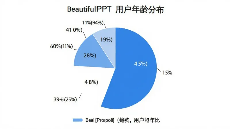 BeautifulPPT 用户年龄分布饼状图，图表显示不同年龄段占比，布局居中，风格简洁现代，蓝白配色，数据标签清晰，画质干净无多余元素