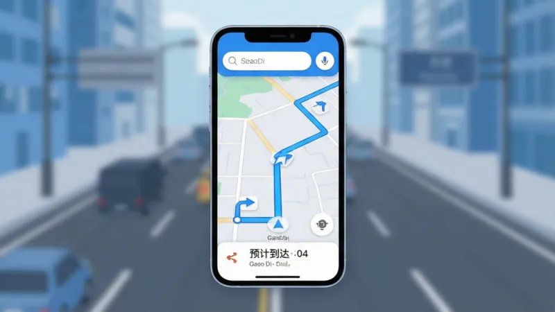 一张展示GaoDi手机导航软件核心界面的图片，画面中央是一部竖屏手机，手机屏幕上显示GaoDi导航主界面，地图上有一条从起点到终点的蓝色高亮路线，路线中间有转向箭头图标，底部显示预计到达时间和距离，屏幕上方有搜索框和语音图标，整体色调以蓝色和白色为主，背景是虚化的城市道路场景，风格现代简洁扁平化，细节清晰圆润，画质干净无多余元素，图片中文字标注为GaoDi。