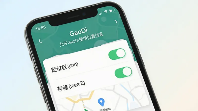 一张展示GaoDi导航软件安装设置界面的图片，画面中是一部手机屏幕，屏幕上显示应用权限设置页面，定位权限和存储权限的开关处于开启状态，旁边有文字提示“允许GaoDi使用位置信息”，背景是浅色渐变，风格简洁现代扁平化，细节清晰，画质干净无多余元素，图片中文字标注为GaoDi。