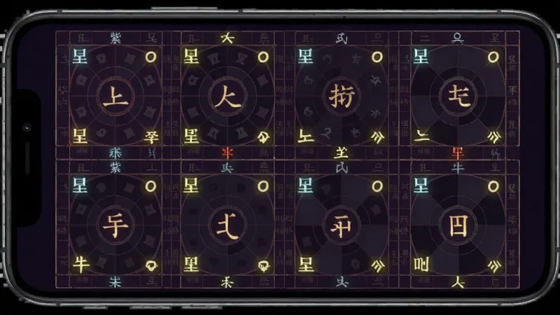 天纪排盘Pro 排盘结果详情页 主体是手机屏幕显示紫微斗数十二宫 每个宫位有星曜名称和亮度 布局为宫格排列 排版清晰 风格传统与现代结合 细节宫位线条细腻 画质高清 无多余元素