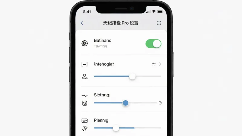 天纪排盘Pro 功能设置界面 主体是手机屏幕显示参数调节选项 包含开关按钮和滑块 布局为列表式排列 排版整齐 风格极简 细节图标线条统一 画质干净 无多余元素
