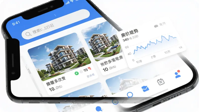 手机屏幕展示房大咖应用主界面,顶部搜索栏,中间显示楼盘卡片和房价走势小图,底部导航栏清晰,整体蓝白配色,扁平化设计风格,画面干净整洁,无多余元素,高清画质