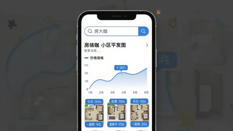 房大咖应用内楼盘详情页截图风格插画,屏幕中央显示“房大咖”搜索框和小区名称,下方是价格曲线图和户型缩略图,蓝色数据标签清晰,白色背景,扁平化设计,画质干净无多余元素